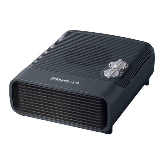 Rowenta Silence Comfort Portable Heater in dark gray, featuring a flat and compact design with frost protection, low noise operation at 52 dB, and two power levels; suitable for indoor use with a heat output of 2400 watts.