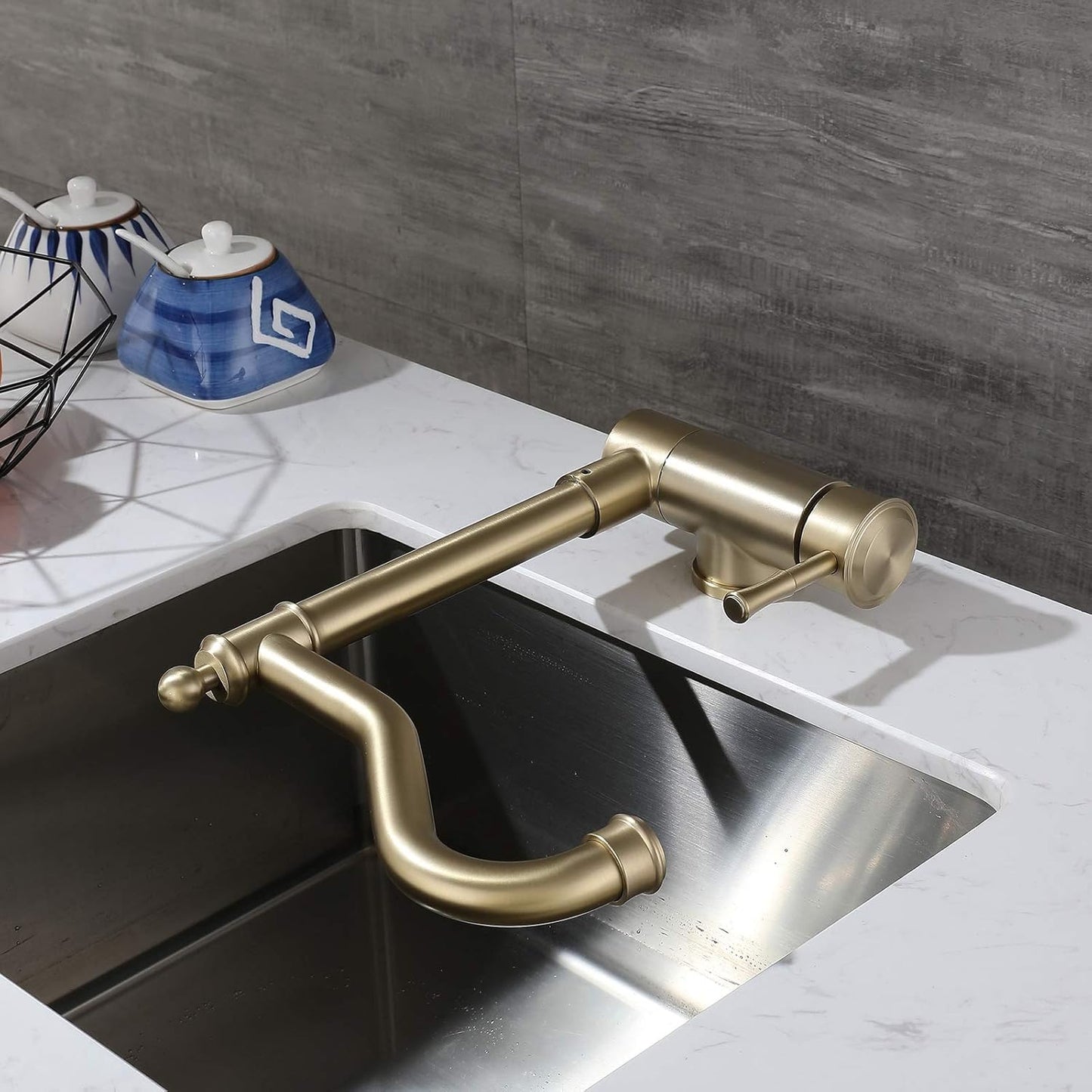 Sjqka - Foldable Kitchen Faucet With Rotating Spout For Window Sink (Brushed Gold)