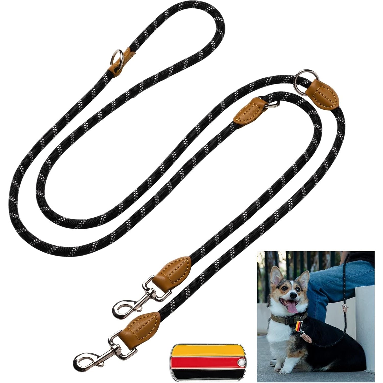 B0Bgsxkznf - Reflective 3M Double Dog Lead, Adjustable & Bite Proof, Black