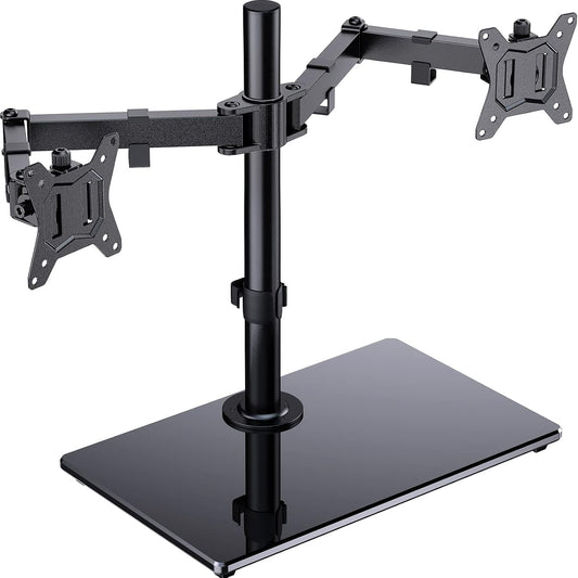 Stainless steel double monitor stand with a widened base for stability, adjustable height and angle, suitable for 13-32 inch monitors, featuring cable management and ergonomic design to improve posture and productivity.