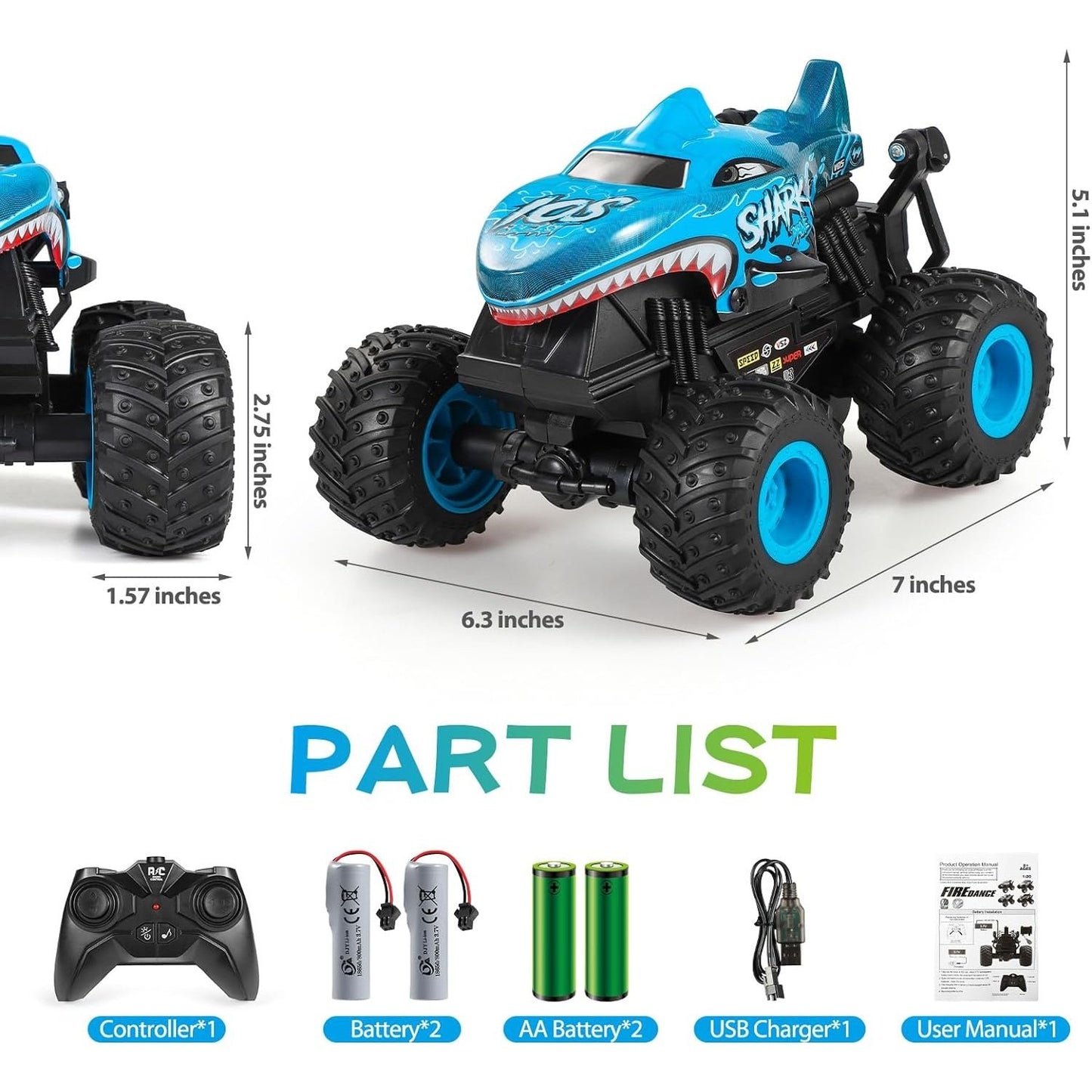 Dyodyorc - 2.4Ghz All Terrain Shark Monster Truck Rc Car With Music And Lights (Blue)