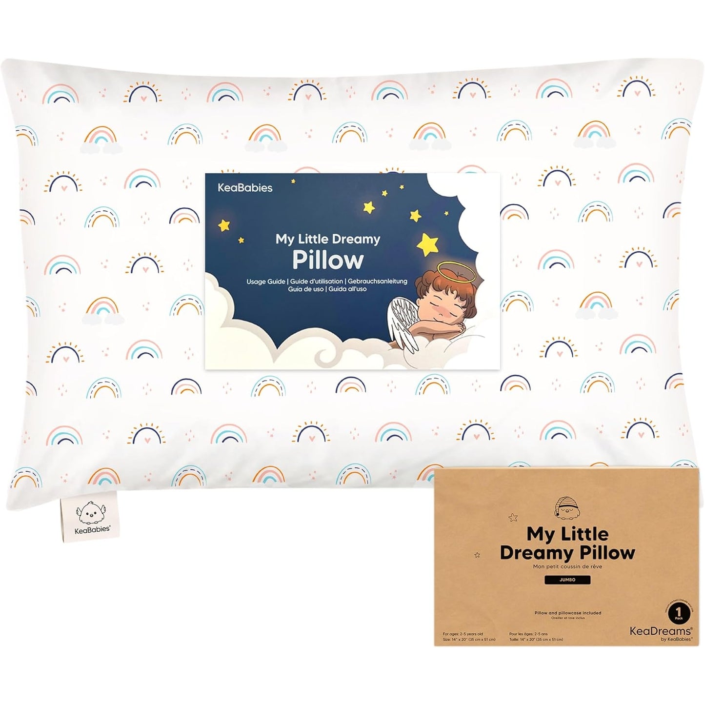 Keababies - Toddler Pillow With Pillowcase, Jumbo 14X20, Soft Organic Cotton, Jolly Rainbow