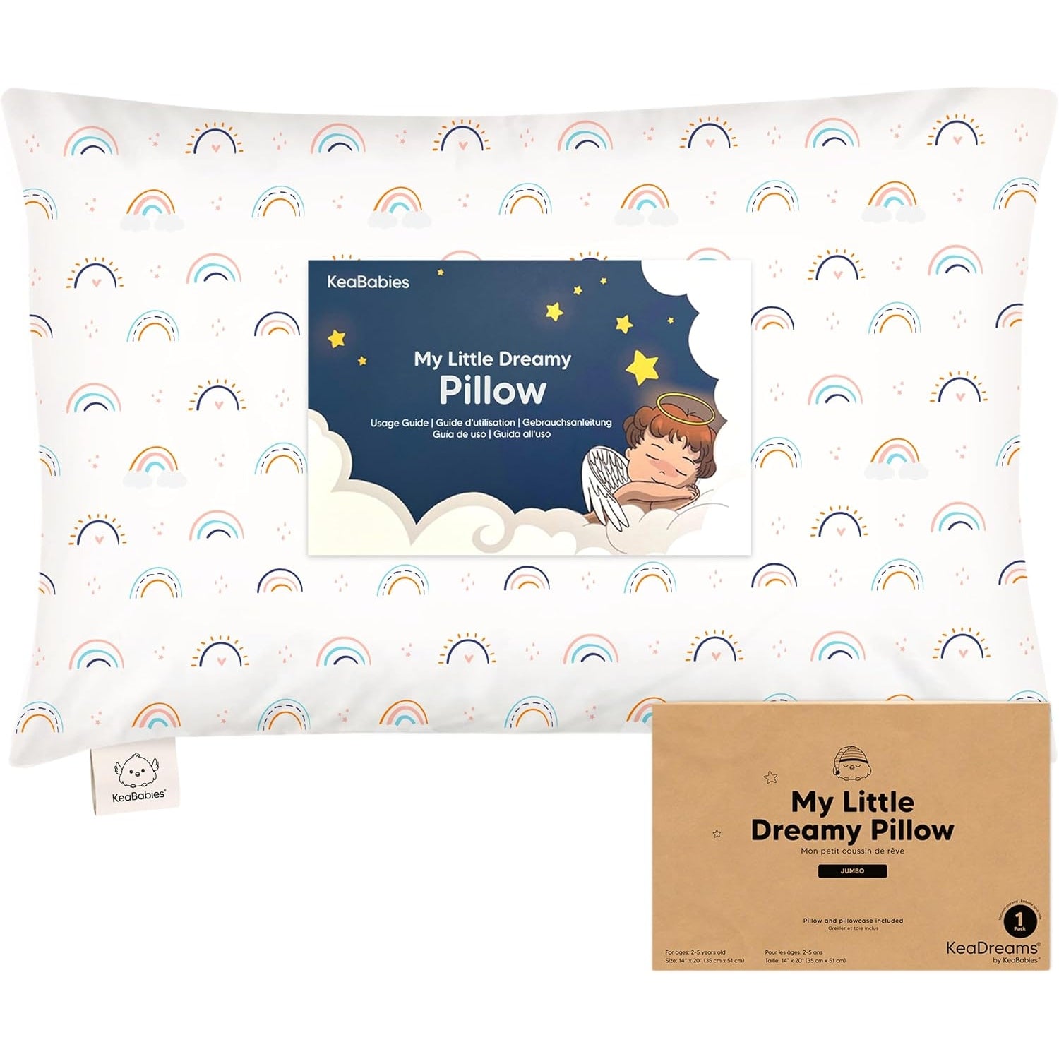 Keababies - Toddler Pillow With Pillowcase, Jumbo 14X20, Soft Organic Cotton, Jolly Rainbow