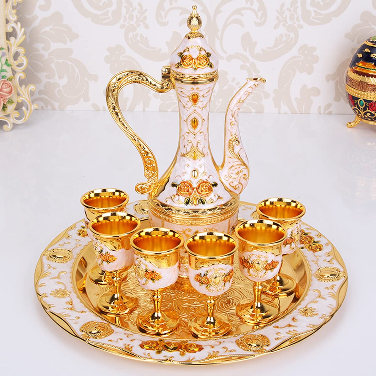 Godnoei - Vintage Turkish Coffee Pot Set With 6 Luxury Cups & Craft Tray