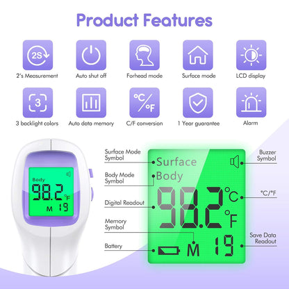 Kkmier - No Touch Forehead Thermometer, Digital, Fever Alarm, Instant Reading