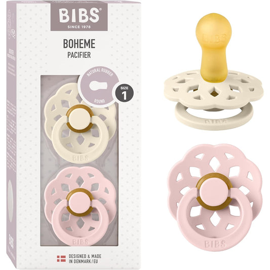 Bibs - Boheme Soother 2-Pack, BPA Free, Round Nipple, Size 1, Ivory/Blossom