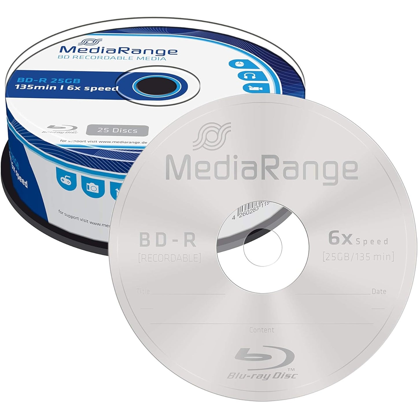 Mediarange - Bd-R 25Gb 6X Writing Speed, 25 Cakebox