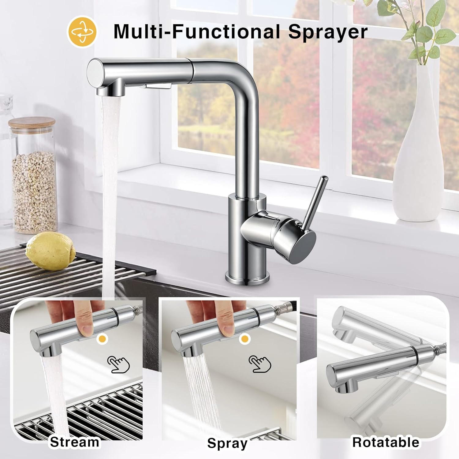 Peppermint - Kitchen Taps With Pull Out Spray Chrome Single Lever 360Â° Swivel Faucet