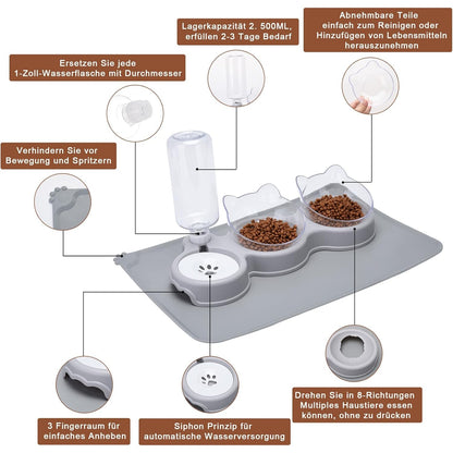 Joeleli - Double Cat Bowls With Water Bottle And Mat