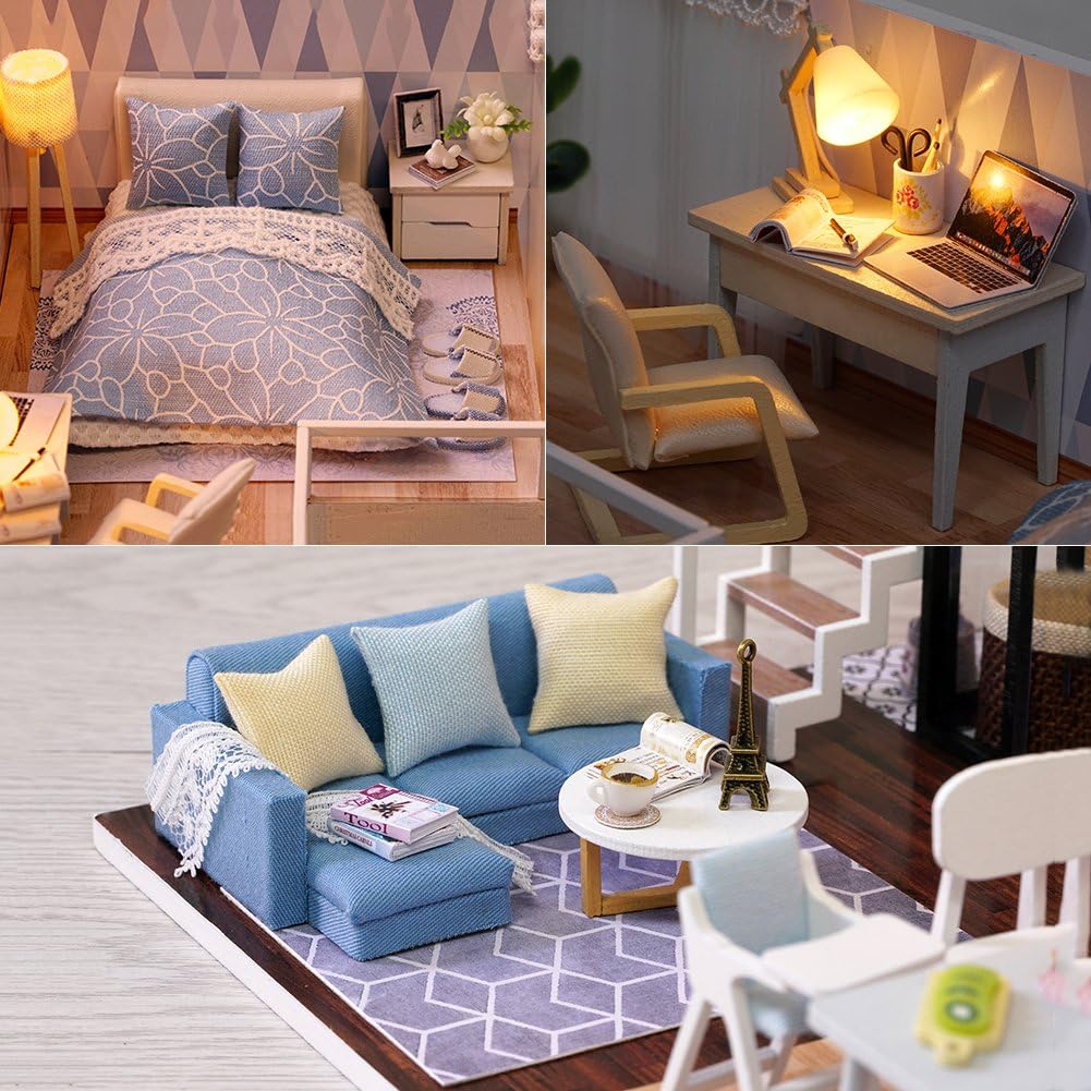 Cutebee - Dollhouse Miniature With Furniture, DIY Wooden Kit, 1:24 Scale, Blue Time