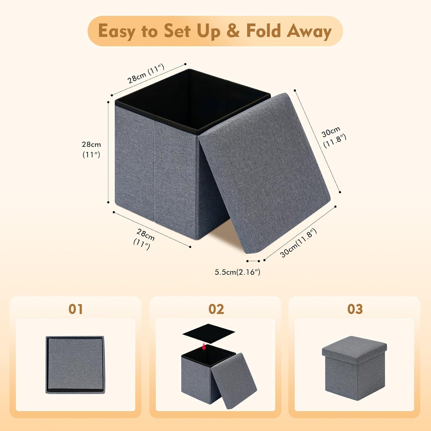 Bailey - Grey Ottoman Storage Box With Lid, Folding Footstool Cube Seat