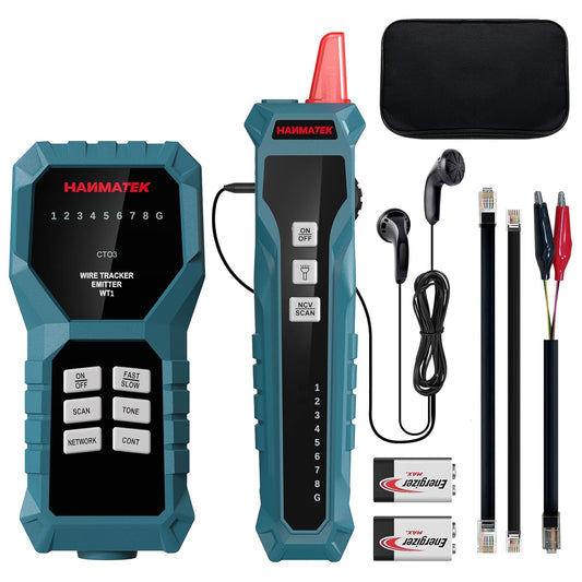 Alt text: "HANMATEK WT1 Network Wire Cable Tracker, a battery-powered multifunction cable tester designed for testing RJ11, RJ45, and other metal wires. Features include adjustable volume, wire continuity detection, NCV detection, and includes accessories such as a transmitter, receiver, cables with clamps, earphones, batteries, and a manual."