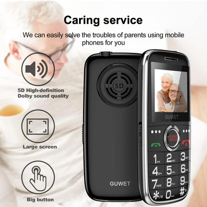 Guwet - Big Button Mobile Phone for Elderly, GSM Unlocked, Dual-SIM, SOS, 1800mAh, USB-C, Torch, 2.0" LCD, Black