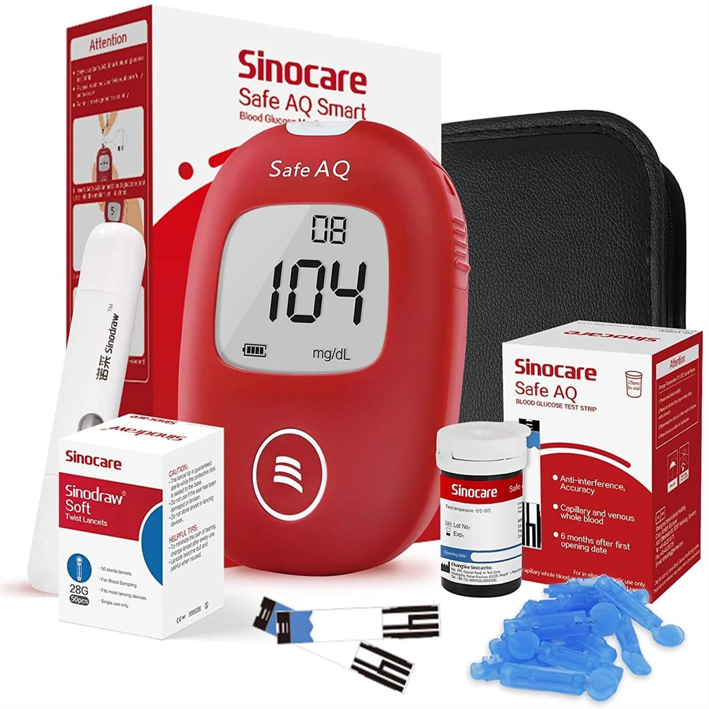 Sinocare Safe AQ Smart Blood Glucose Monitor with code-free test strips, featuring a compact design and painless lancing device for easy blood glucose testing.