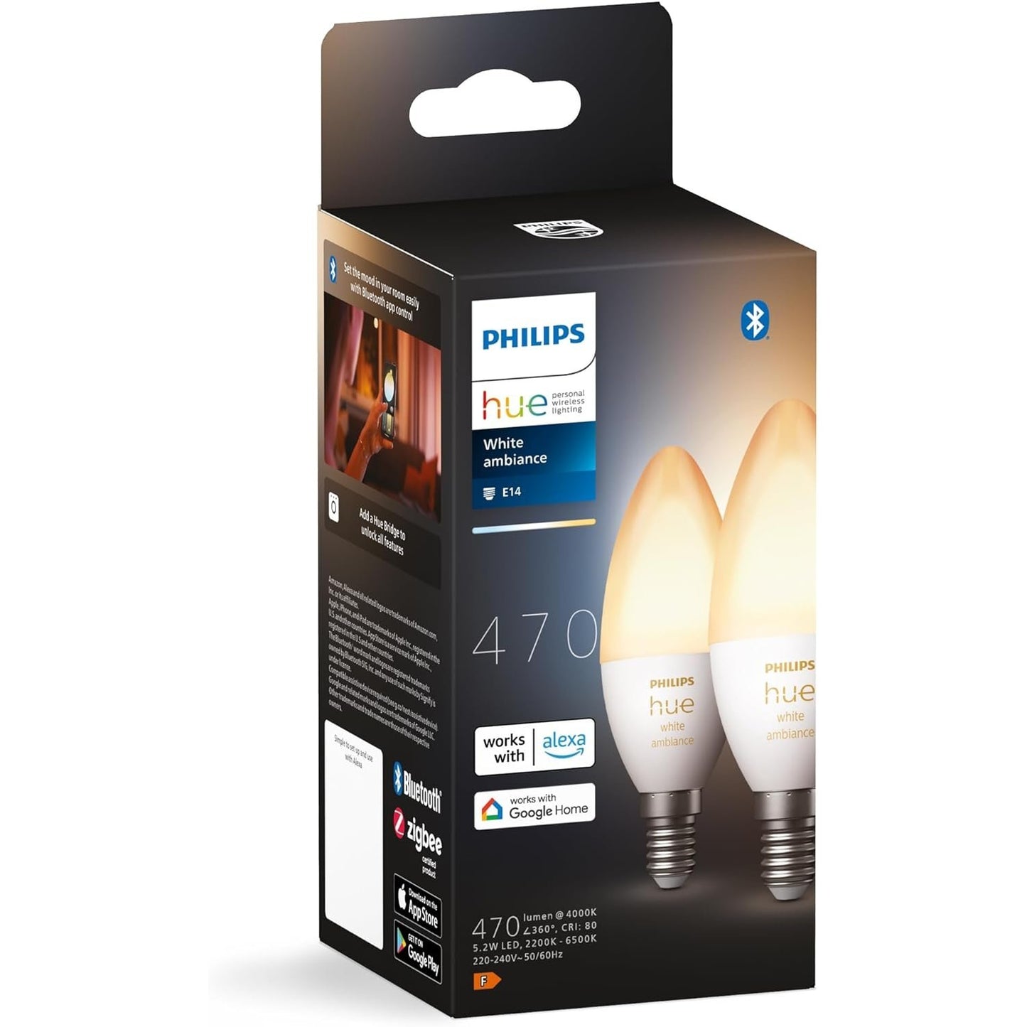 Philips Hue - White Ambiance LED Bulb E14, Bluetooth, 2-Pack, Works With Alexa, Google, Apple