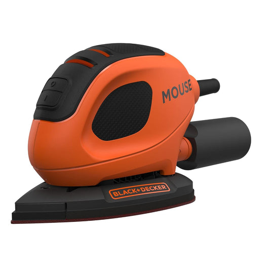 Ultra compact BLACK+DECKER corded electric sander, weighing 0.9 kilograms, designed for sanding hard-to-reach areas and various surfaces with a non-slip coating for comfort and a dust removal connector.