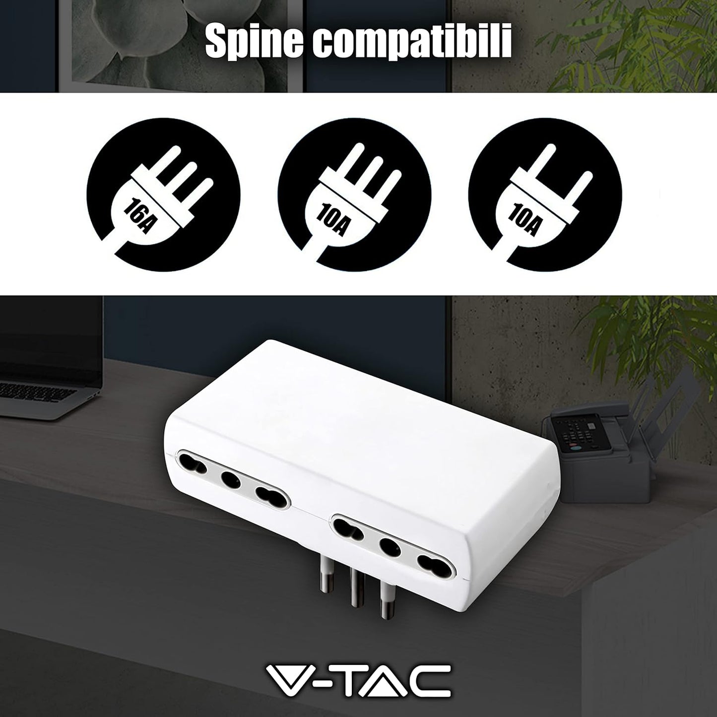 V-Tac - Space-Saving Quadruple Power Strip With 4 Outlets