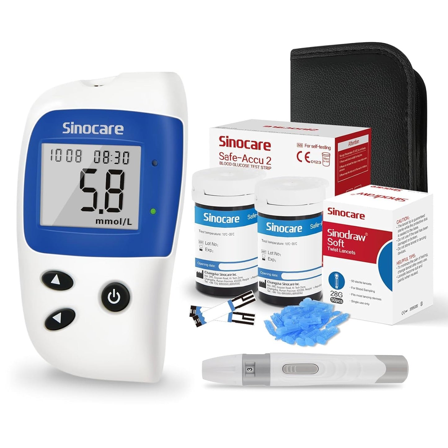 Image of the Sinocare Safe-Accu2 Blood Sugar Test Kit, featuring a glucometer, 50 test strips, 50 lancets, and a lancing pen in an organized package. The glucometer has a large display screen with light warning indicators for easy reading.