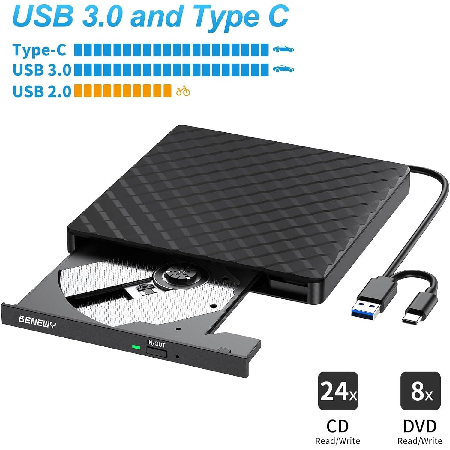 Benewy - External USB 3.0 CD/DVD Drive Burner for Laptop and PC