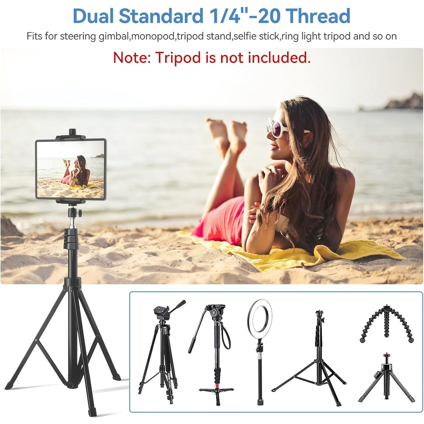 Kdd - iPad & Phone Tripod Mount Adapter With Ball Head, 360 Rotatable Clamp