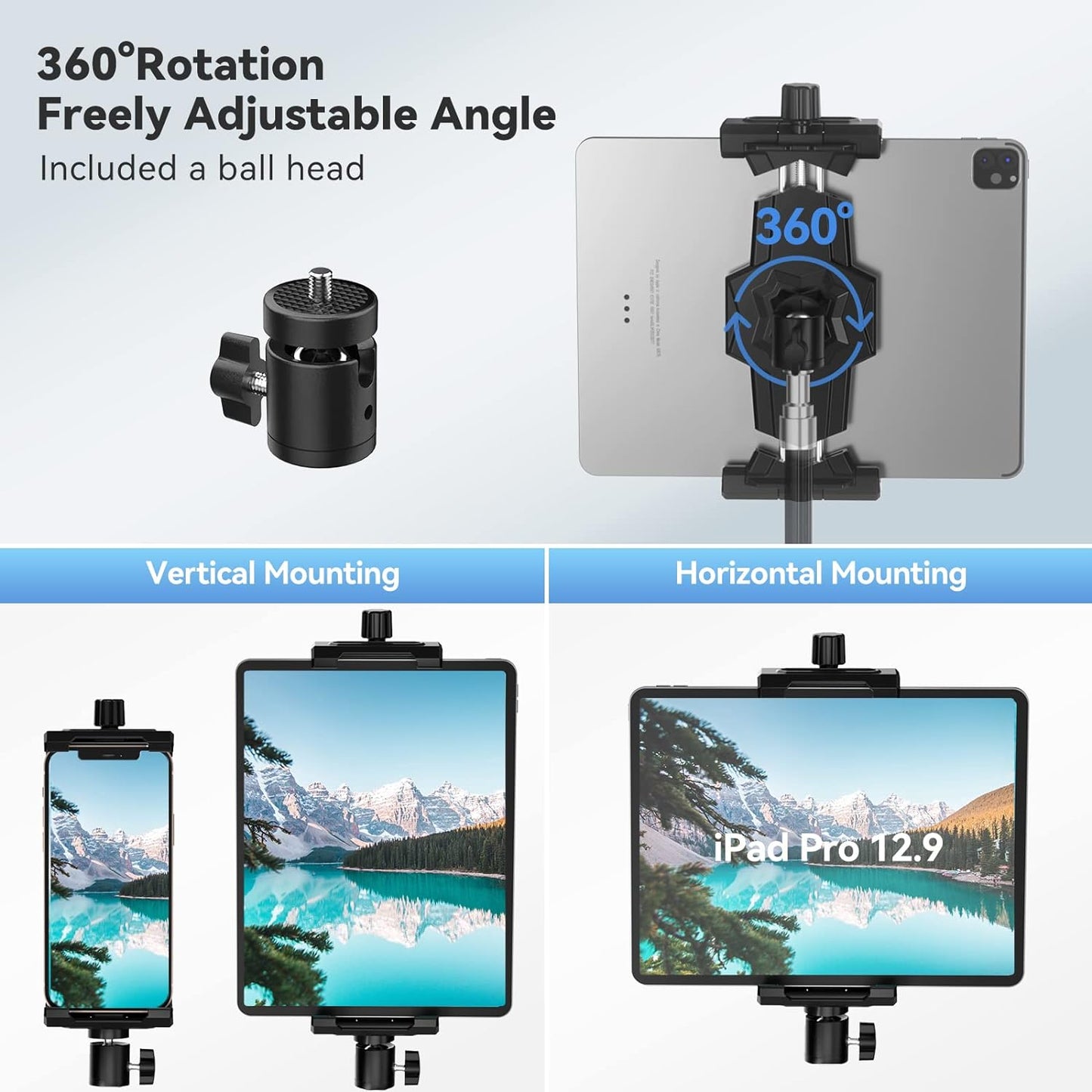 Kdd - iPad & Phone Tripod Mount Adapter With Ball Head, 360 Rotatable Clamp