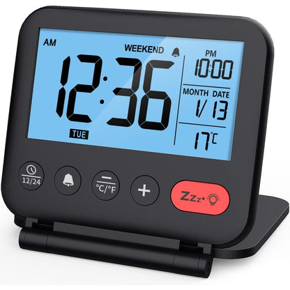 Noklead - Digital Travel Alarm Clock With Backlight, Date, Temp, Snooze, 12/24H