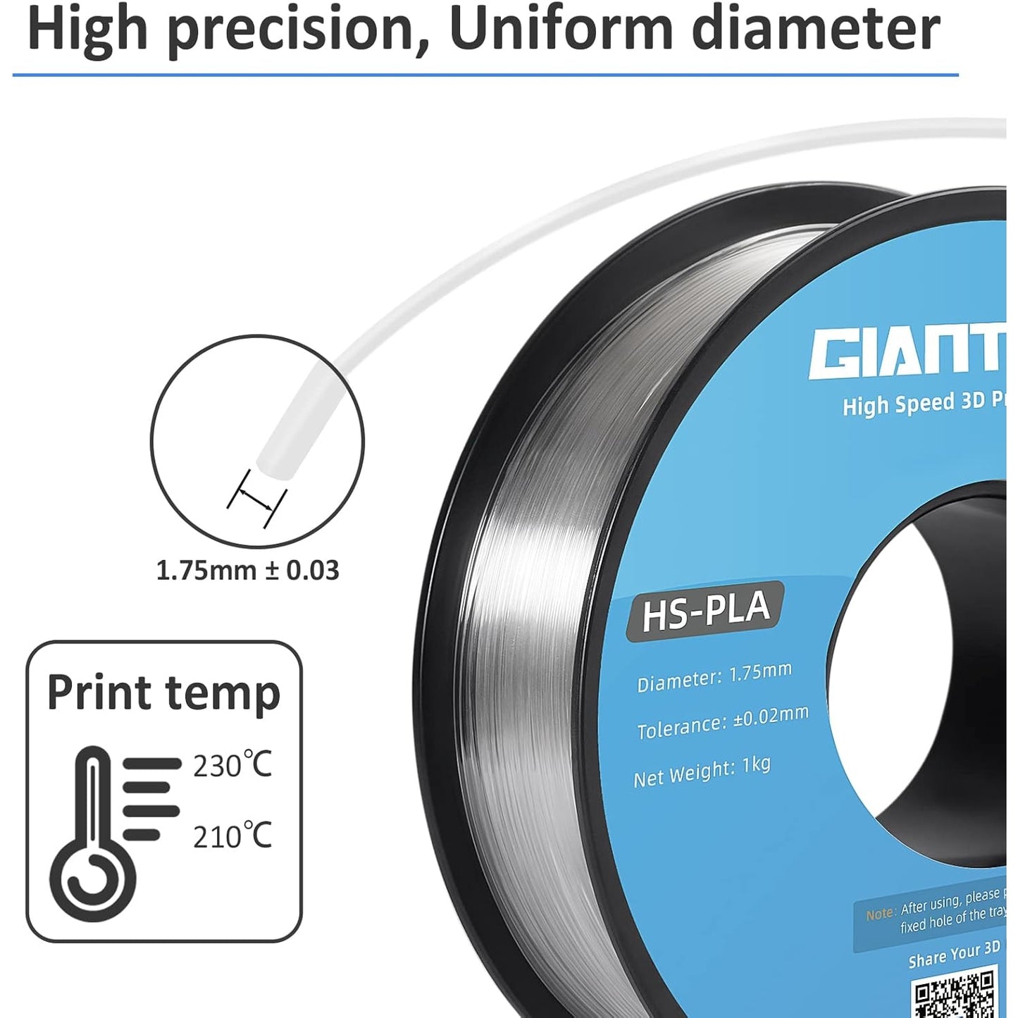 Giantarm - High-Speed Transparent PLA 3D Printer Filament, 1Kg Spool, 1.75Mm