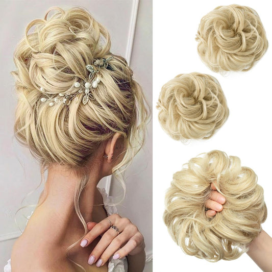 Sarla - Messy Hair Bun Wavy Curly Synthetic Updo Scrunchies Ash Blonde