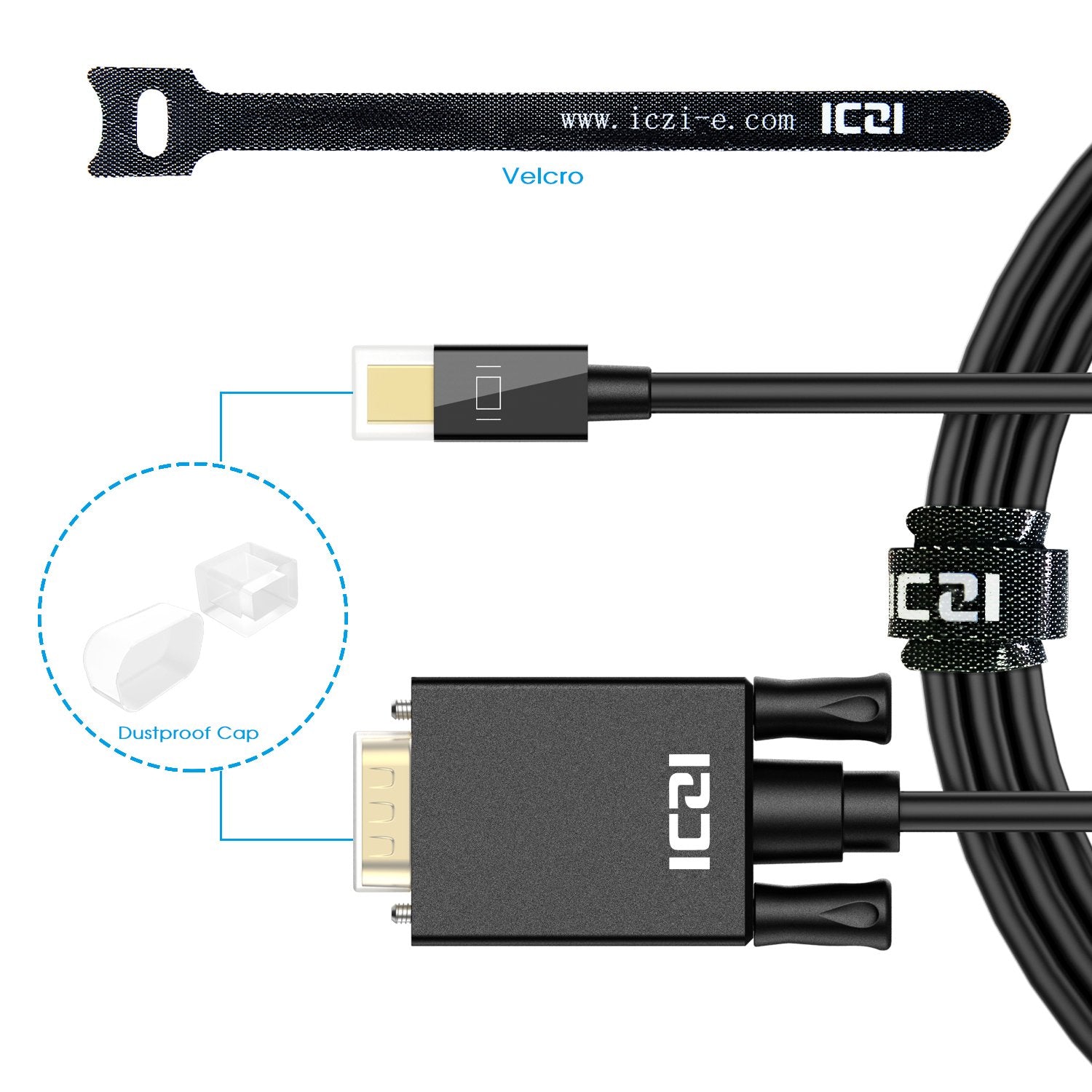 Iczi - Mini DisplayPort to VGA Adapter Cable, 6Ft, 1080P, Gold-Plated