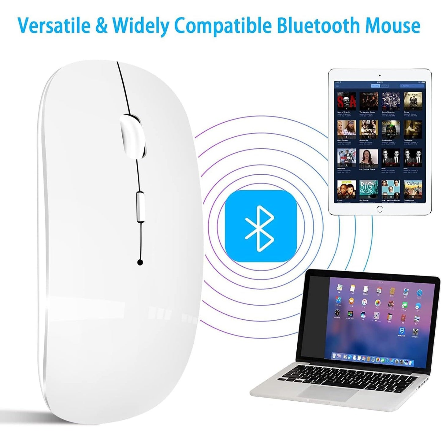 Qyfp - Rechargeable Bluetooth Mouse for MacBook/iPad/Laptop/PC, White