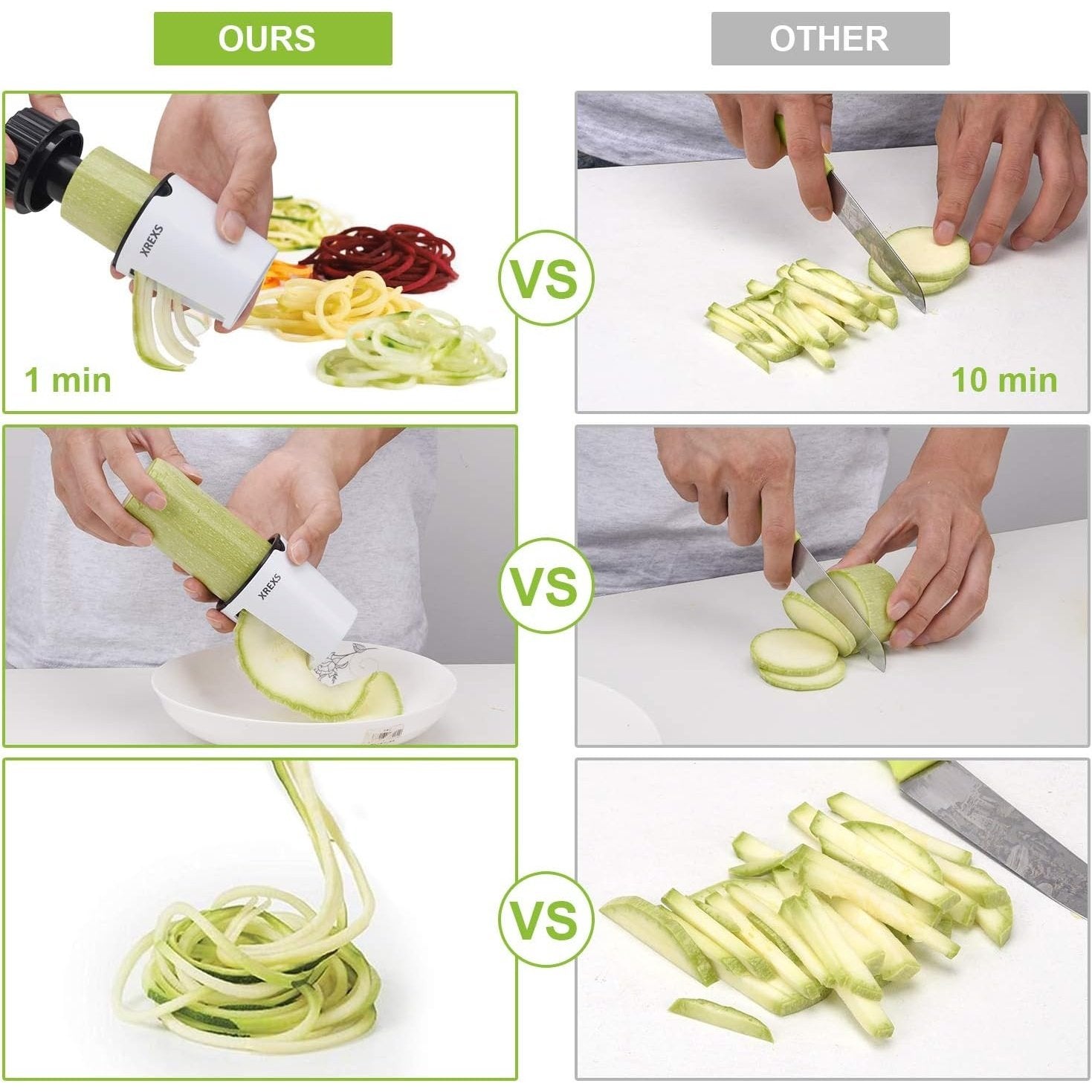 Xrexs - Spiral Slicer Hand For Vegetable Spaghetti, 2 In 1 Cutter, Green