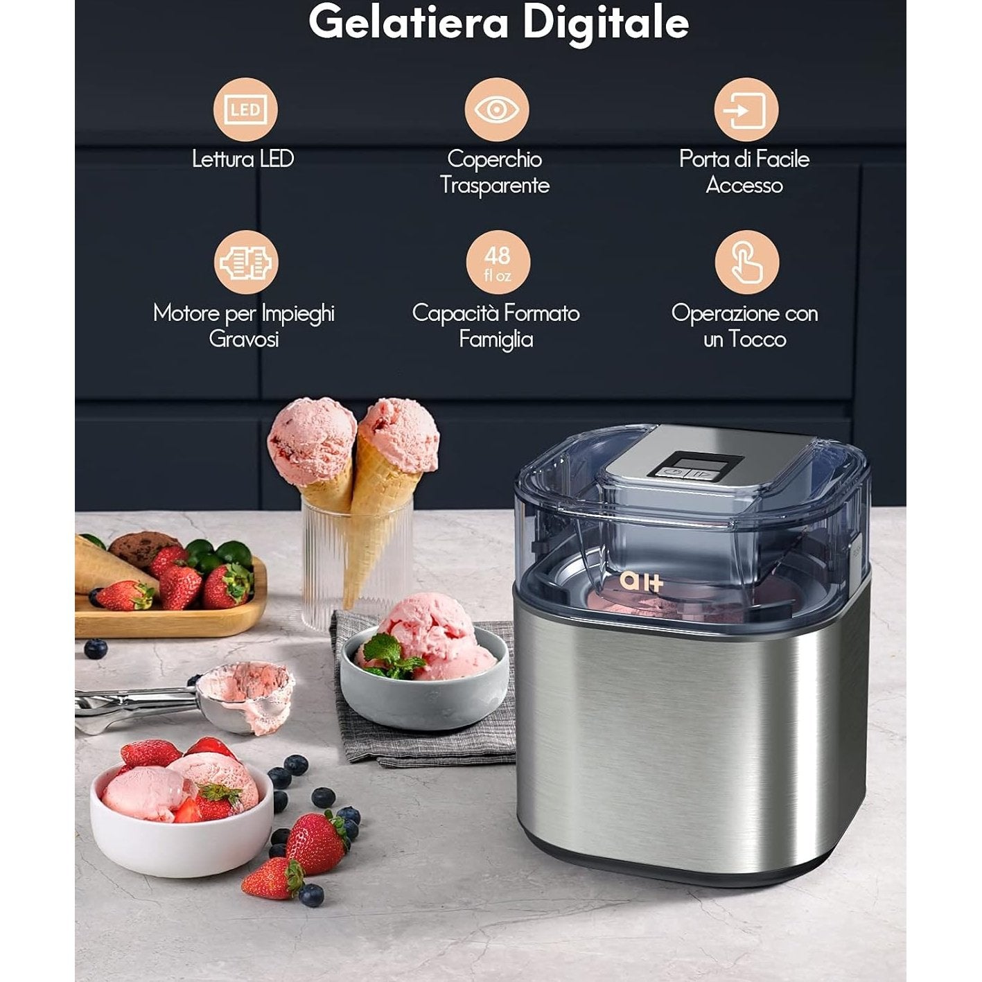 Silver - Ice Cream Maker Automatic 1.5L With LCD Display