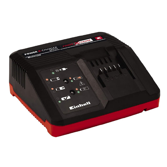 Einhell Power X-Change Charger Station with a 240V input voltage, capable of charging batteries in 30 minutes, featuring a 6-stage charging system and compatibility with all Einhell Power X-Change batteries.