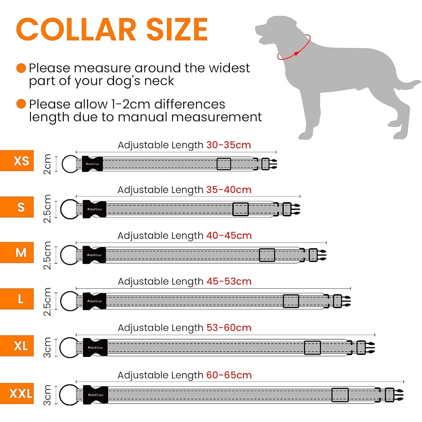 Petmartop - Soft Reflective Adjustable Nylon Dog Collar - Orange - XL