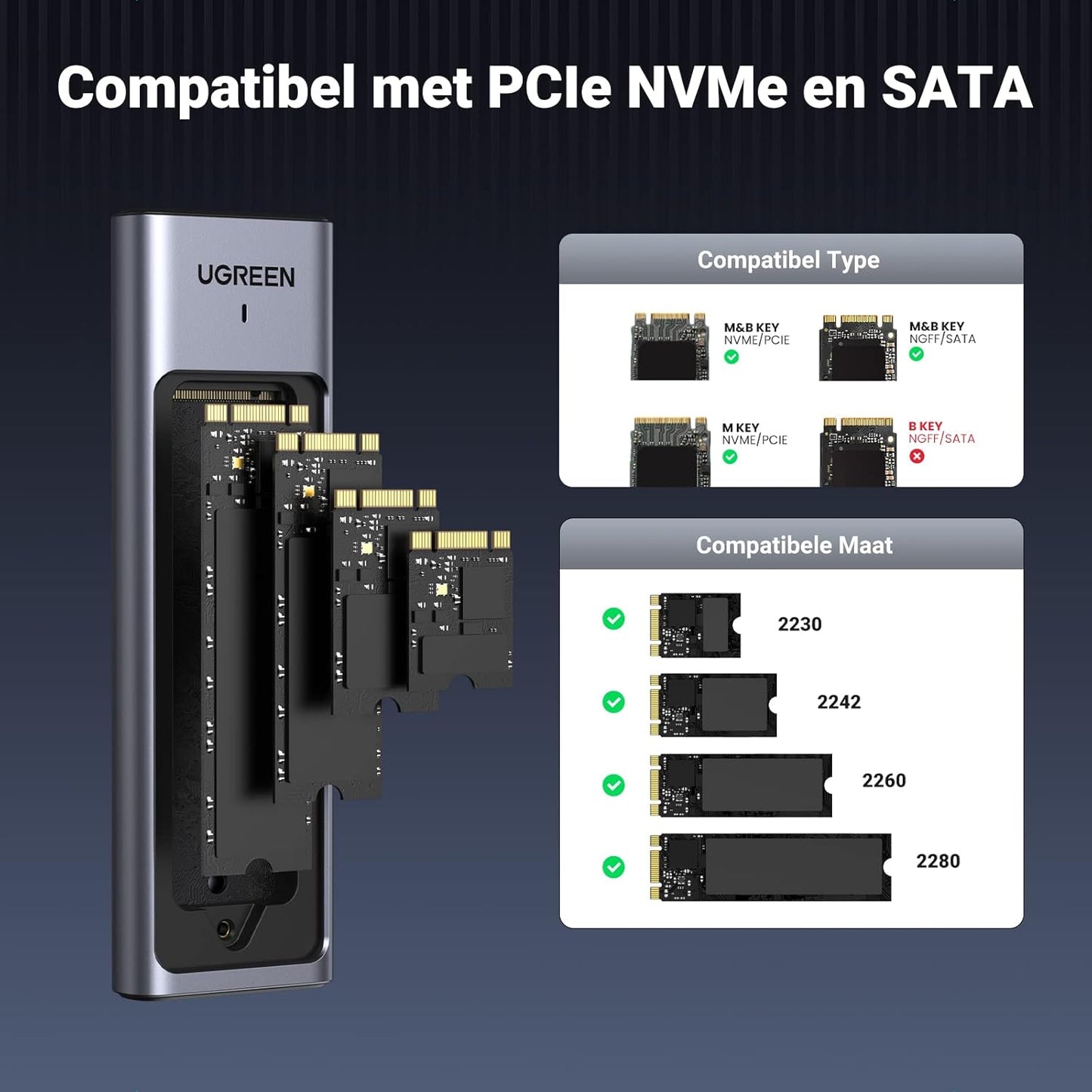 Ugreen Group Limited - M.2 Nvme Sata Usb 3.0 Gen 2 Ssd Enclosure With 2 Cables