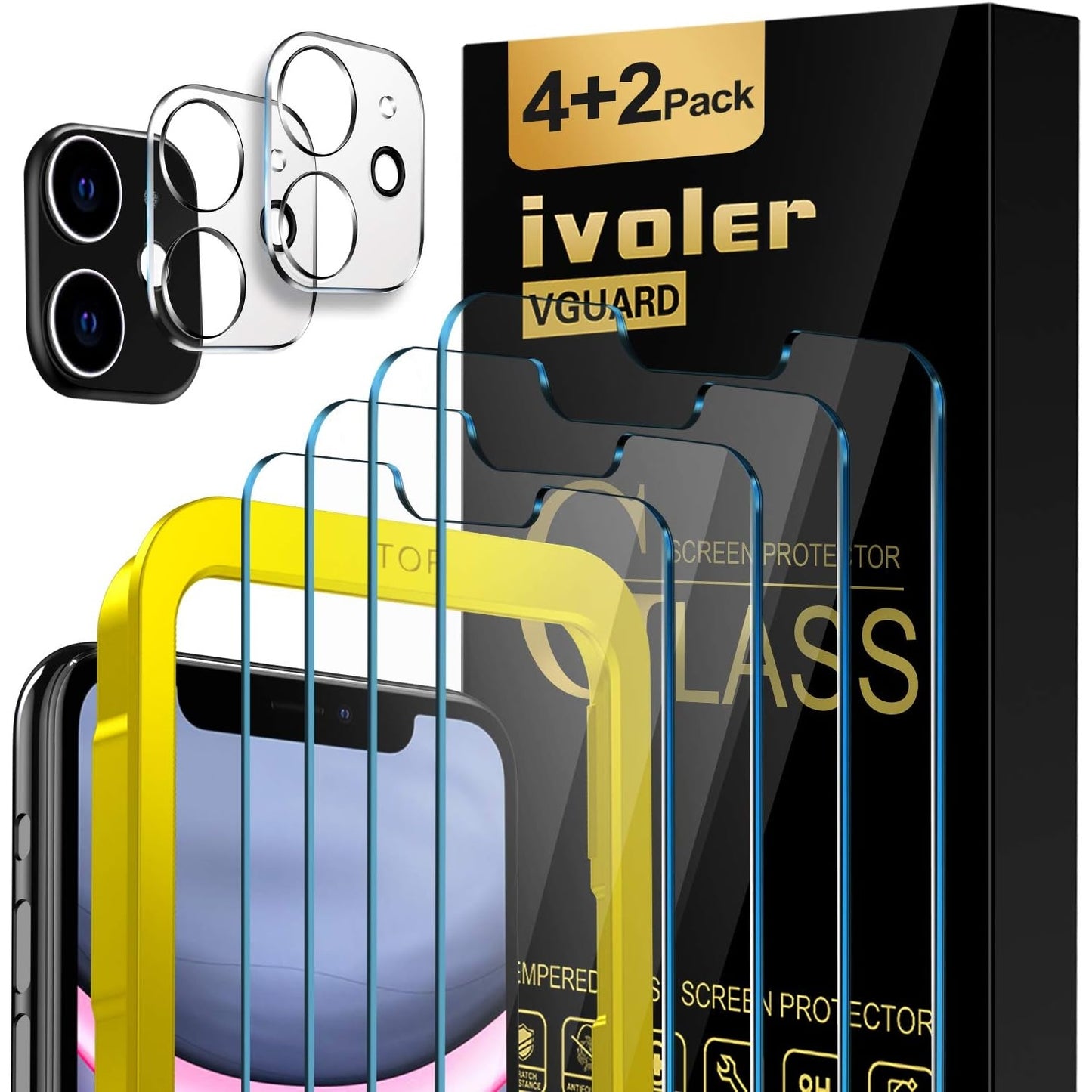 Ivoler - [4 Pack] Screen Protector & [2 Pack] Camera Lens Protector For iPhone XR/11