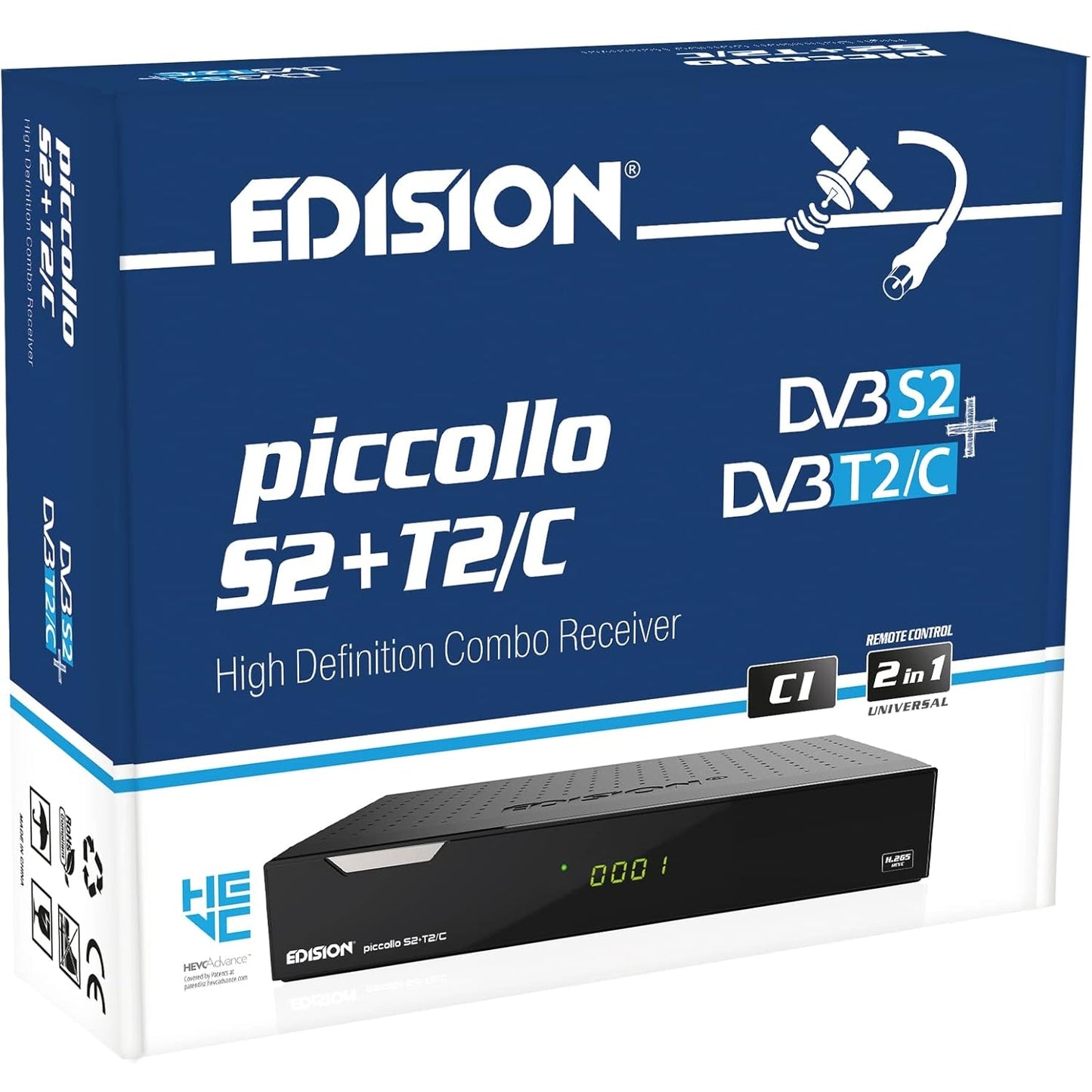 Edision - Piccollo S2+T2/C Combo Receiver H.265/Hevc Full HD USB Black Remote