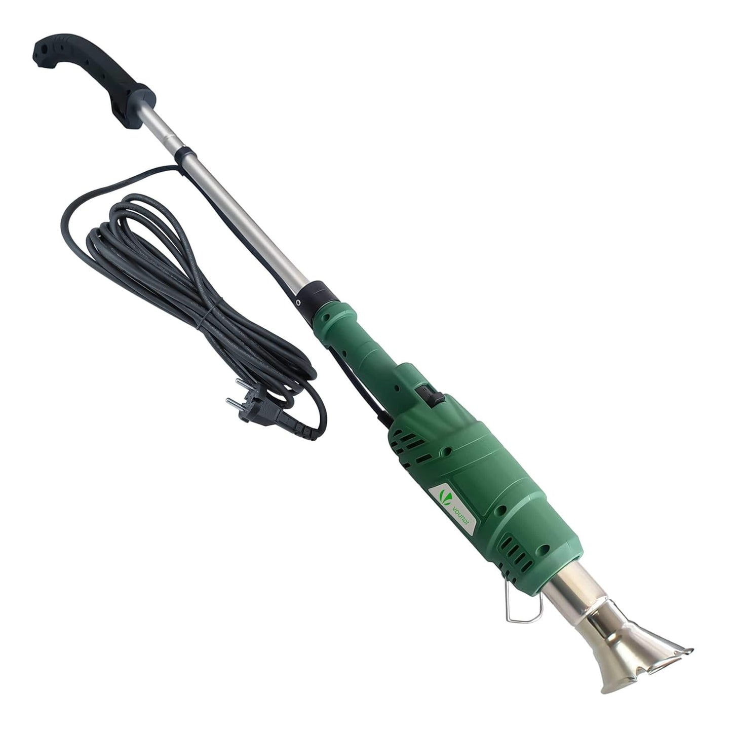 Electric weed eater by VOUNOT, featuring a green design and weighing 1.2 kilograms; dimensions of 8.6L x 17.5W x 40.4H centimeters, made from plastic and metal, capable of reaching maximum temperatures up to 650 degrees Celsius for effective weeding and barbecue lighting.