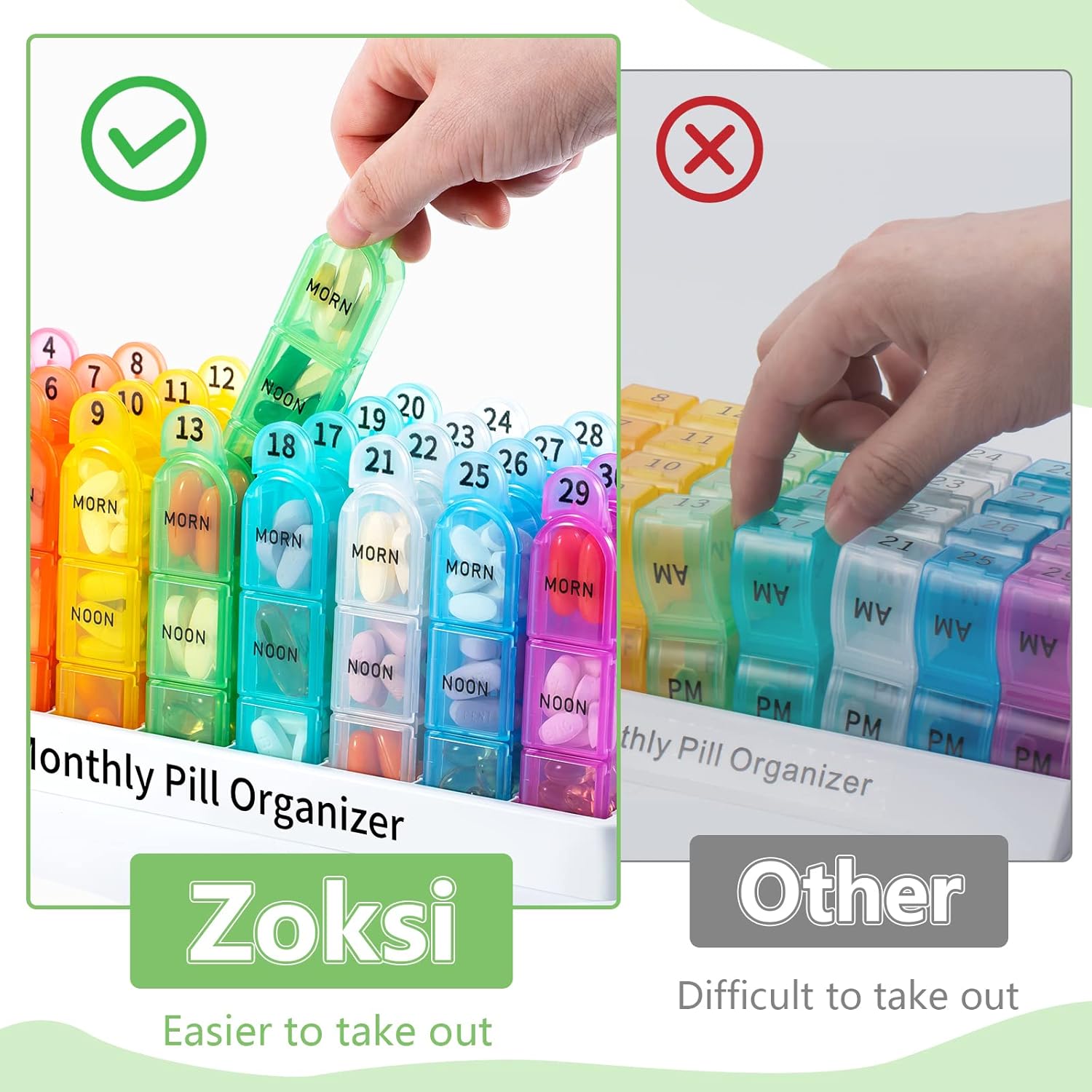 Zoksi - Monthly Pill Organizer 3 Times A Day, 31 Day Medicine Case With 32 Compartments