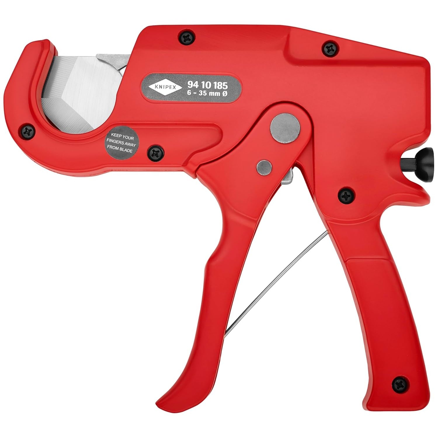 KNIPEX Plastic Pipe Cutter, ergonomic design with red lacquered die-cast aluminum housing, suitable for clean cutting of plastic pipes from 15/64" to 1 3/8", featuring a replaceable blade and low force requirement due to special blade geometry.