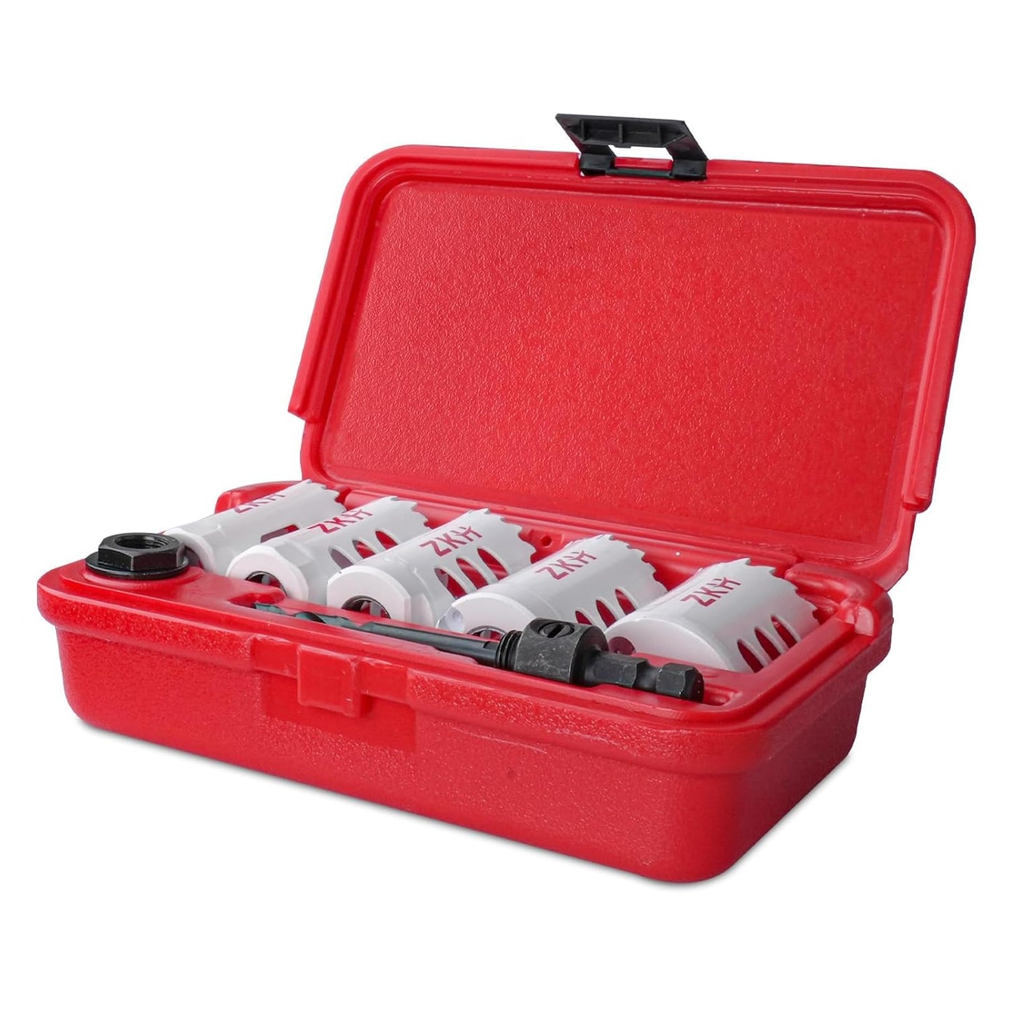 7-piece hole saw kit made of metal and wood, featuring drill bits for cutting holes in various materials including metal, wood, PVC board, plastic, and drywall; designed for enhanced cutting efficiency with a unique groove design that increases speed by 50%.