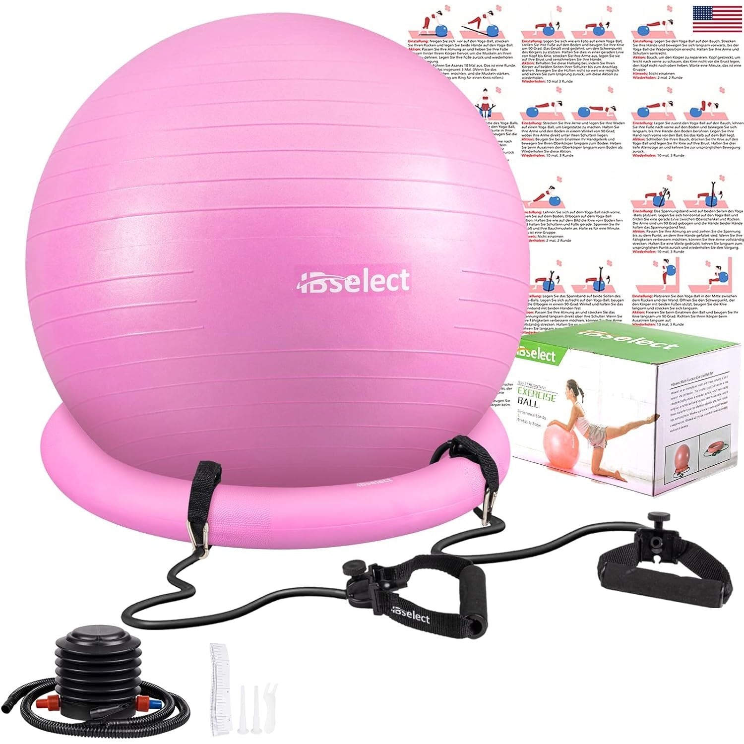 Hbselect - Exercise Ball Chair with Anti-Slip Base & Resistance Bands