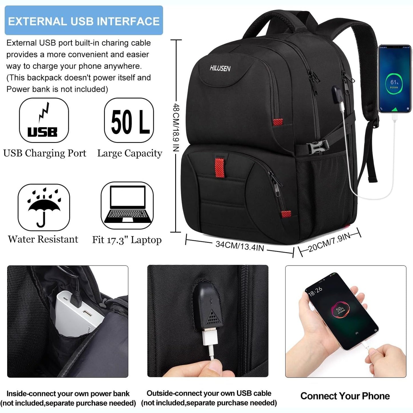 Hilusen - Extra Large 50L Backpack With USB Charging Port, Water Resistant, Black