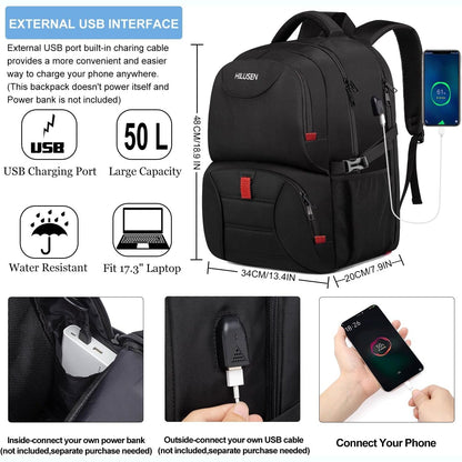 Hilusen - Extra Large 50L Backpack With USB Charging Port, Water Resistant, Black