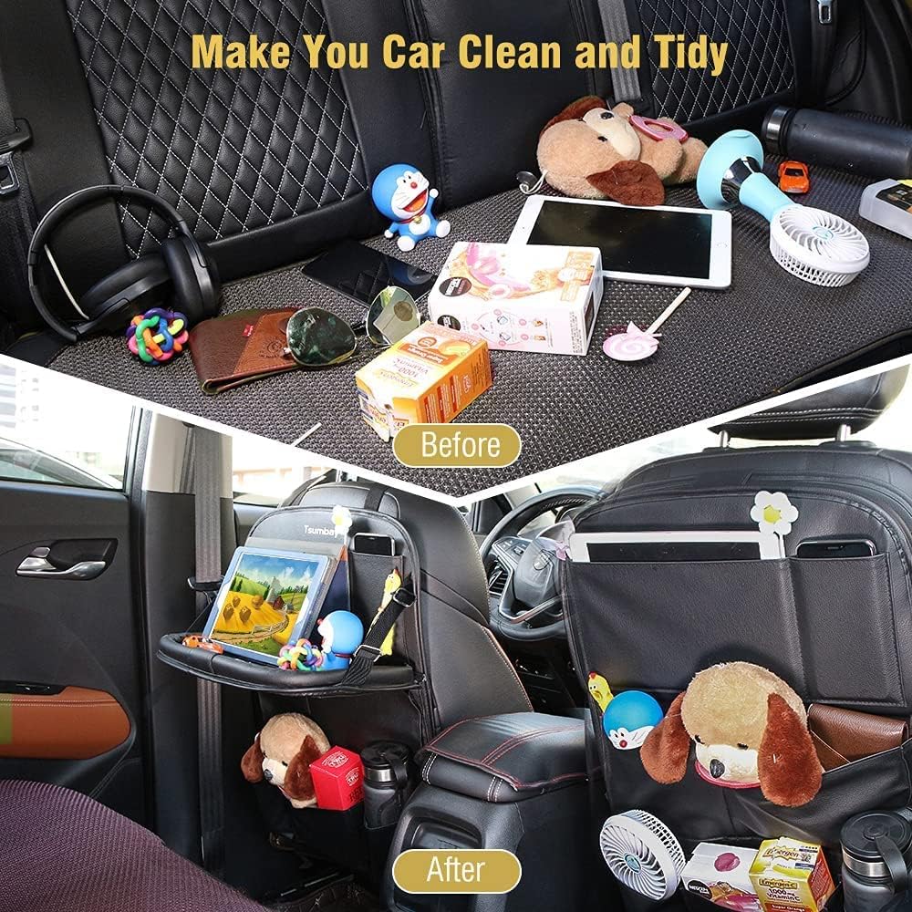 Tsumbay - Car Backseat Organizer With Tablet Holder, 9 Storage Pockets, Foldable Tray