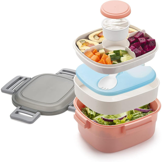 Freshmage - Salad Container With Ice Pack, Leakproof BPA-Free, 52-Oz, 4 Compartments, Pink