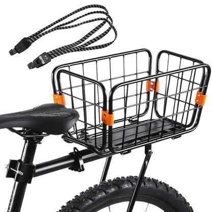 High load capacity rear bike basket made of sturdy aluminum alloy, supporting up to 75 kg (165 lbs), with dimensions of 35x18.5x19 cm (13.78x7.28x7.28 inches); features adjustable support rod for stability, easy installation, and foldable design for convenient storage and portability.