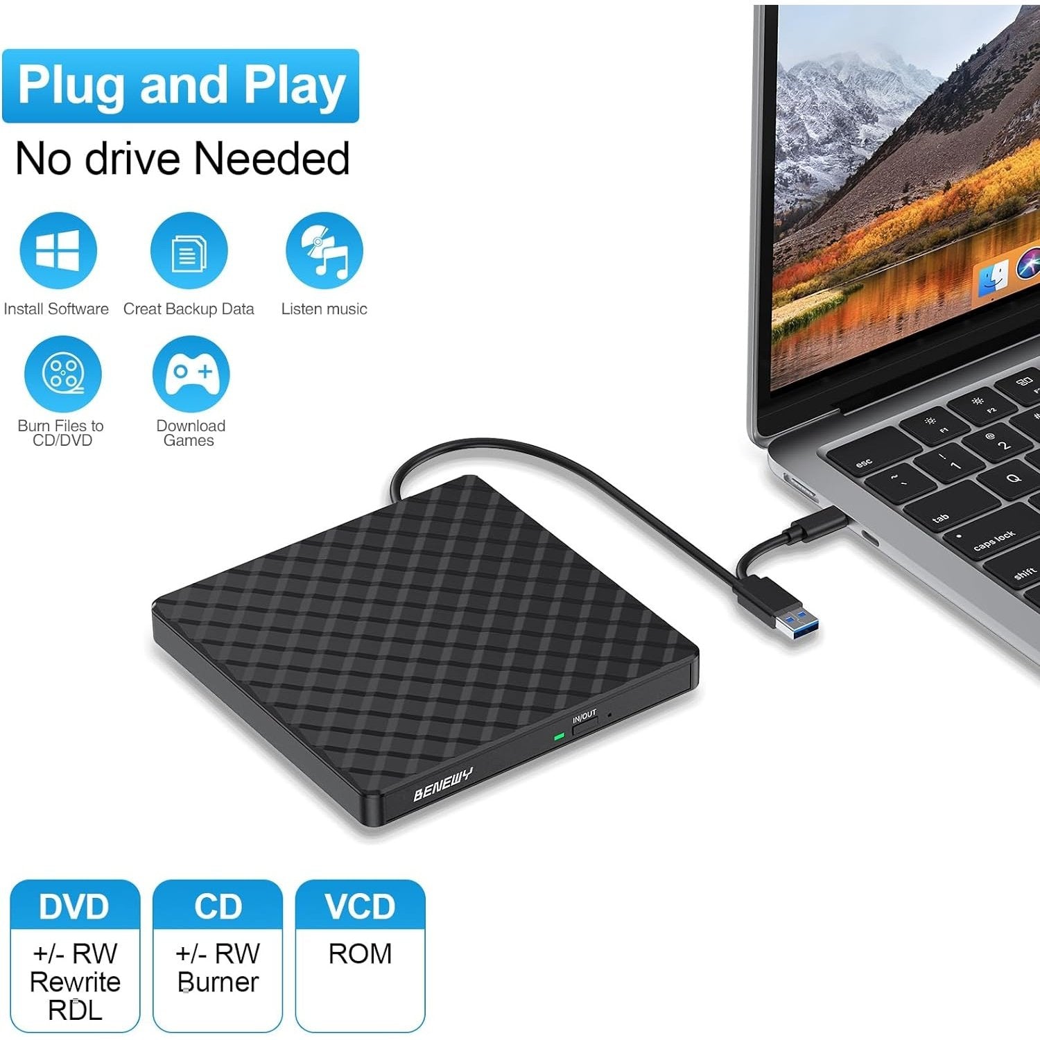 Benewy - External USB 3.0 CD/DVD Drive Burner for Laptop and PC