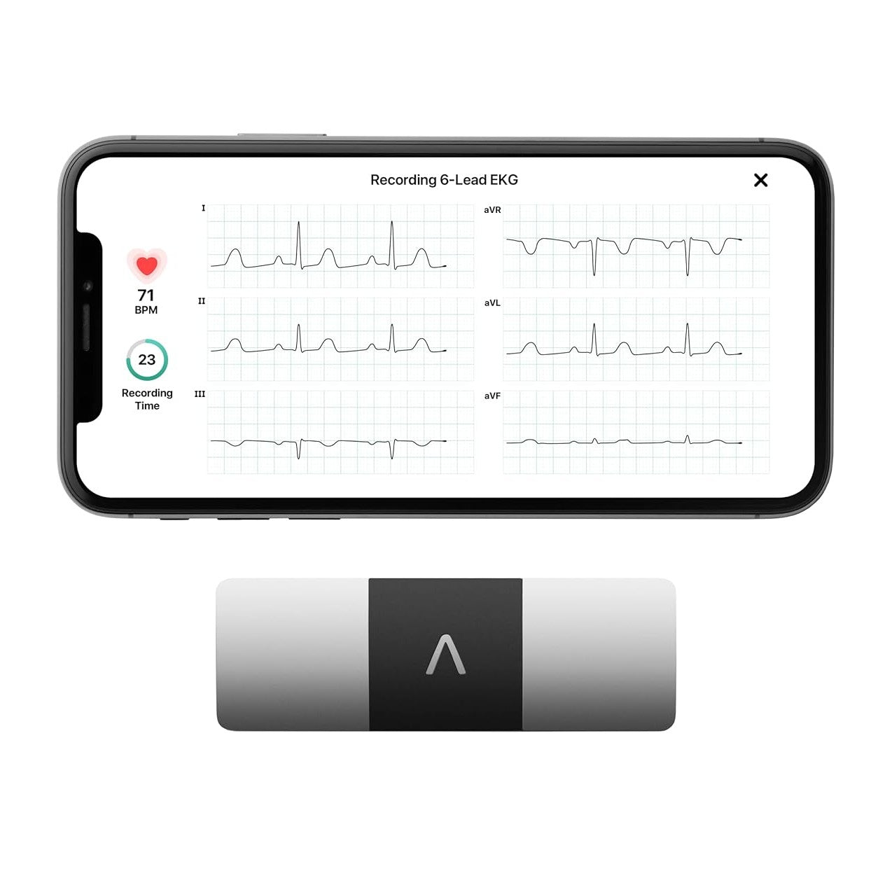 KardiaMobile 6L EKG device by AliveCor, made of stainless steel and plastic, in black color, measuring 3.54"L x 1.18"W x 0.28"H and weighing 24 grams, designed for smartphones with a six-lead capability to provide accurate heart rhythm analysis within 30 seconds.