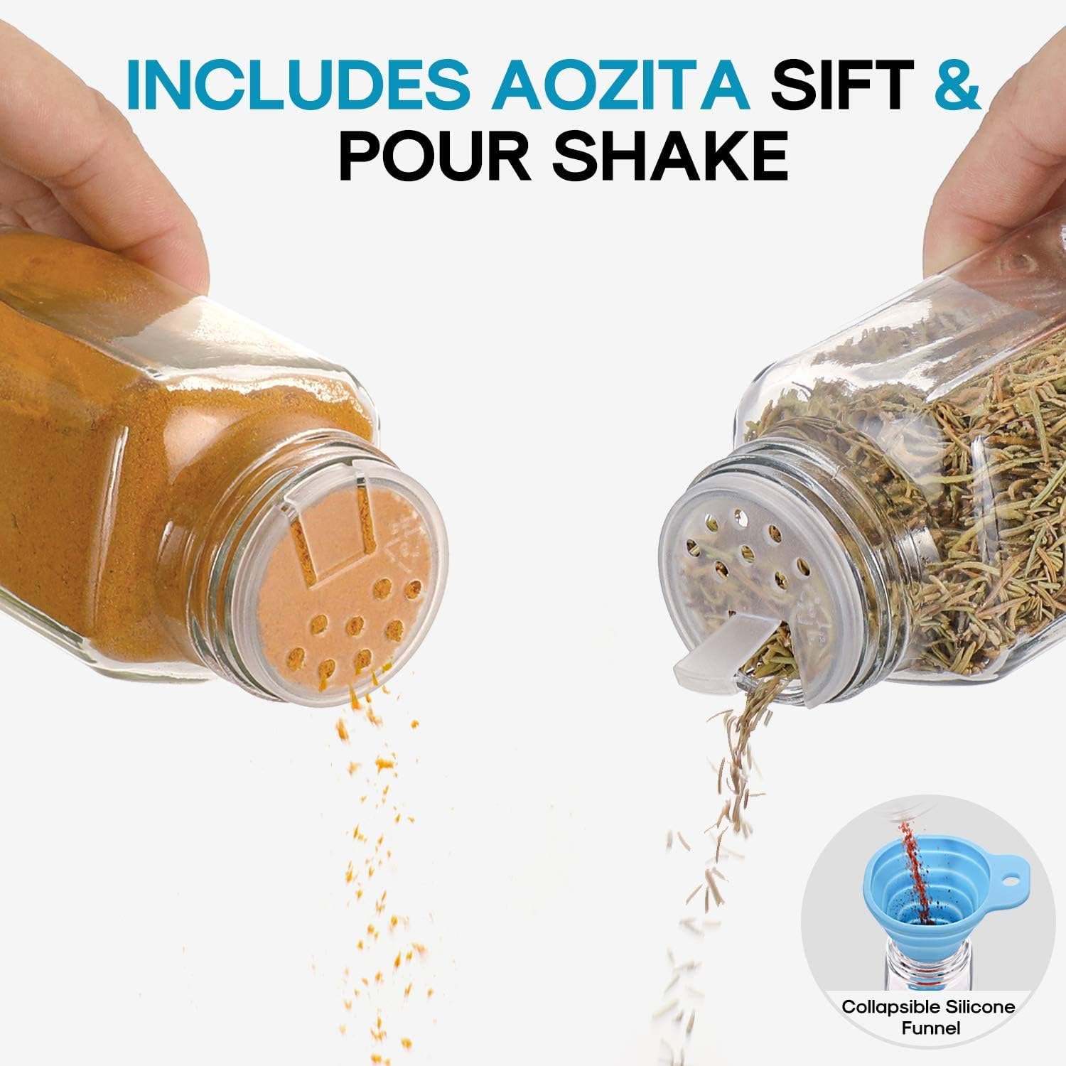 Aozita - 24 Pcs Glass Spice Jars With Labels, Shaker Lids, Airtight Caps, Funnel